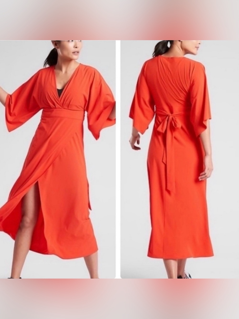 Athleta Vibrant Orange Calistoga Elegant Wrap Midi Dress w/Tie Back. Medium